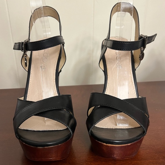 Aldo Leather Platform Sandals Black Studded wood Block Heel Size 10 NWOT - Picture 3 of 9